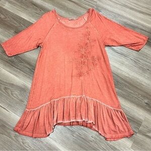 DANTELLE Orange Boho Shark Bite Ruffle Hem Tunic Shirt Women Fits Medium